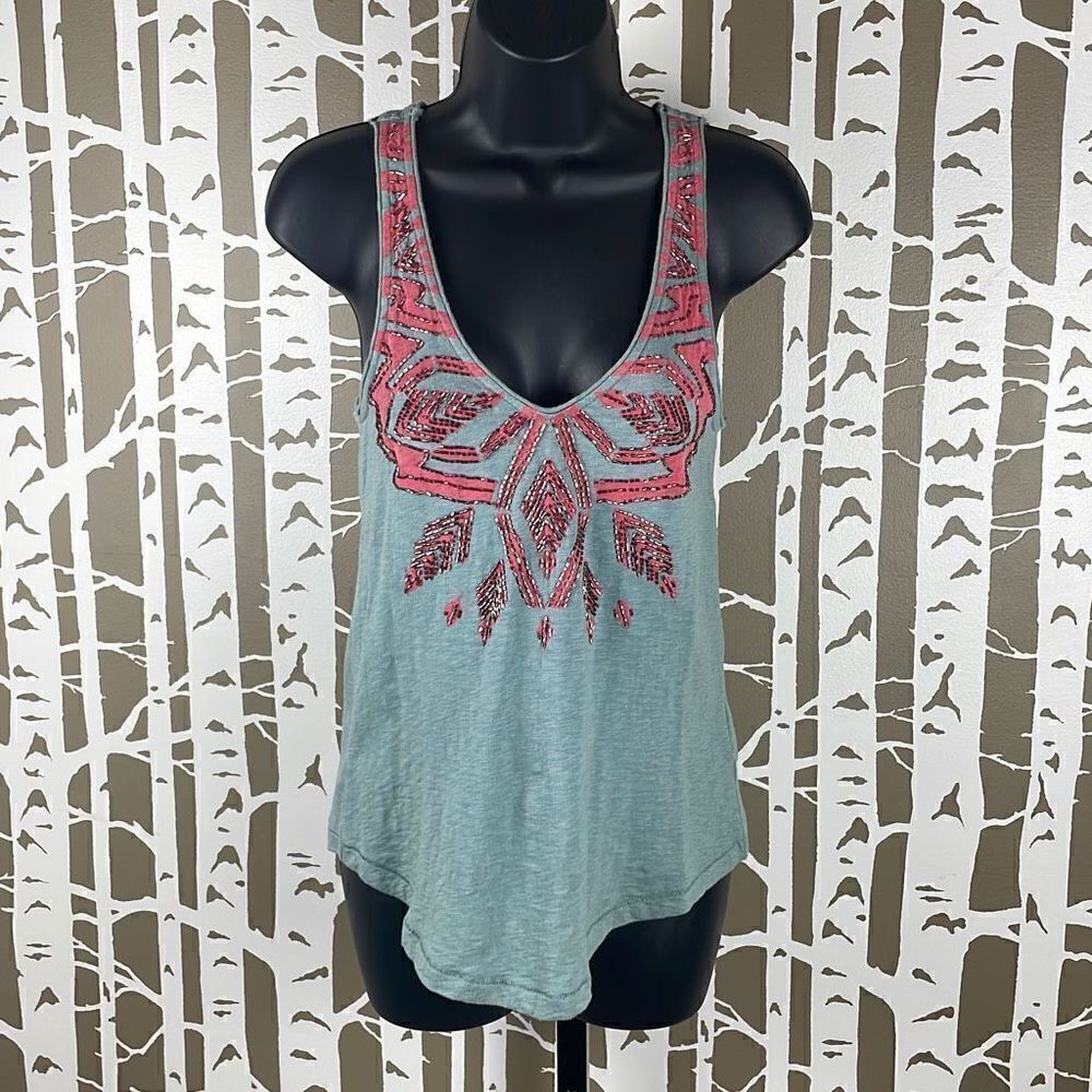 Ecote Seafoam Green & Pink Tribal Beaded Racerback Tank Top sz XS